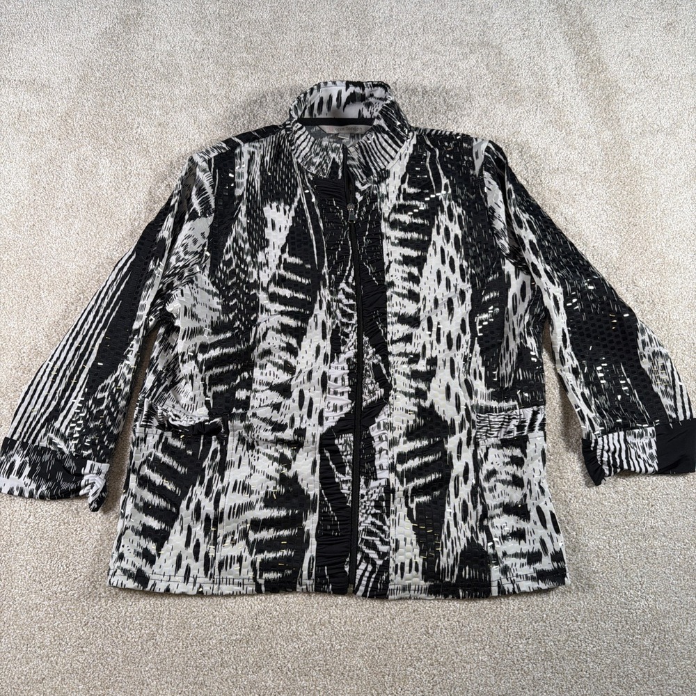 Erin London Abstract 3/4 Sleeve Zip Unlined Jacket Womens Large Artsy Crinkle